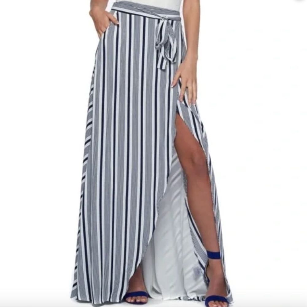 The Jetset Diaries Navy Blue White Her Allies Striped Maxi Wrap Skirt Size S